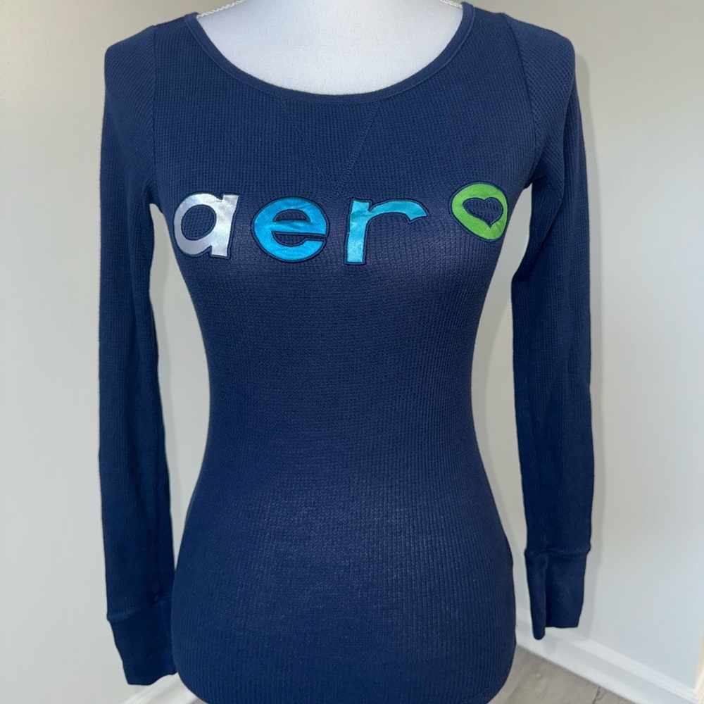 Aeropostale Women’s Small Navy Thermal Long Sleeve Logo Shirt Stretch Y2K